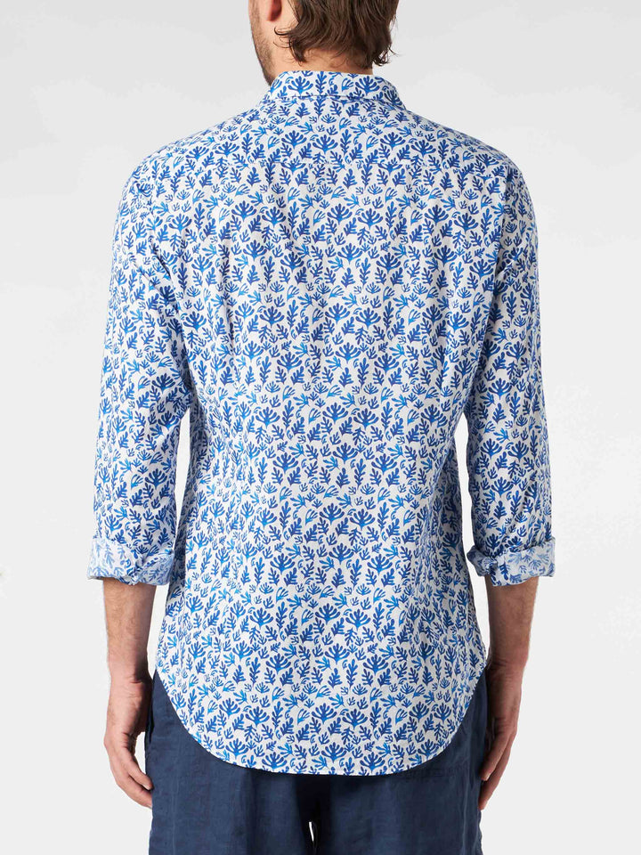 Man muslin cotton Sikelia shirt with blue leaves print - MC2 Saint Barth