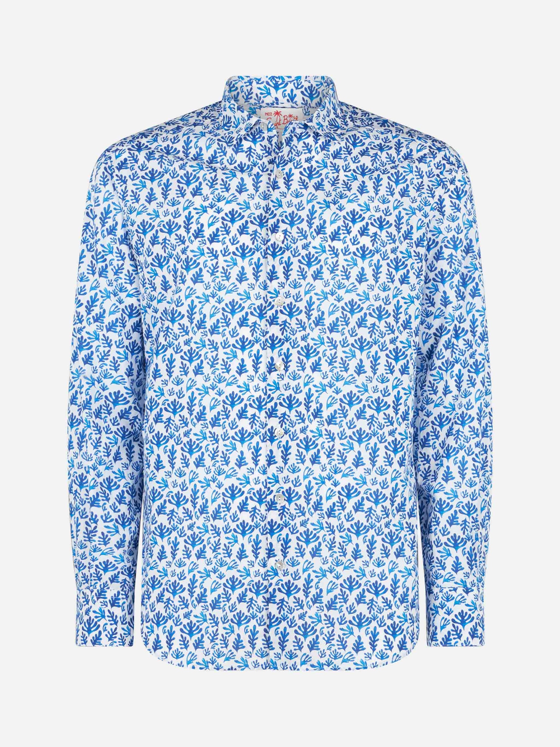 Man muslin cotton Sikelia shirt with blue leaves print - MC2 Saint Barth
