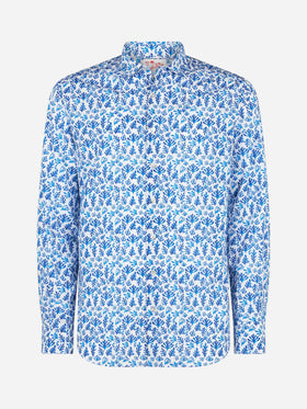 Man muslin cotton Sikelia shirt with blue leaves print - MC2 Saint Barth