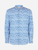 Man muslin cotton Sikelia shirt with blue leaves print