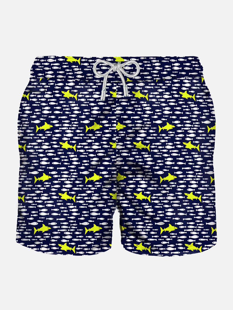 Herren-Badeshorts aus leichtem Stoff mit Hai-Print