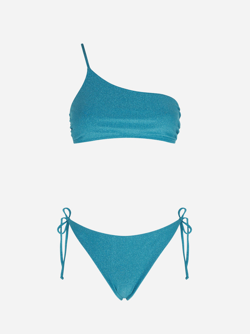 Hellblauer One-Shoulder-Bralette-Bikini für Damen