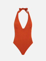 Einteiliger Badeanzug in Orange aus Lurex