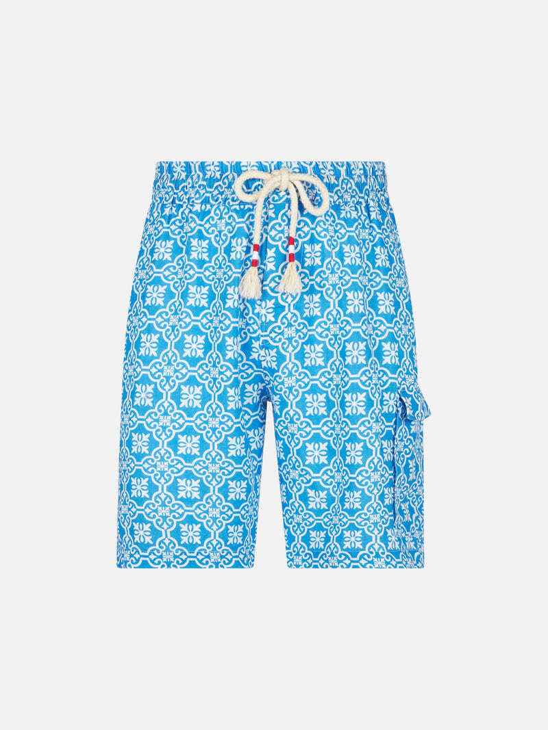 Man linen bermuda shorts with white and light blue majolica print