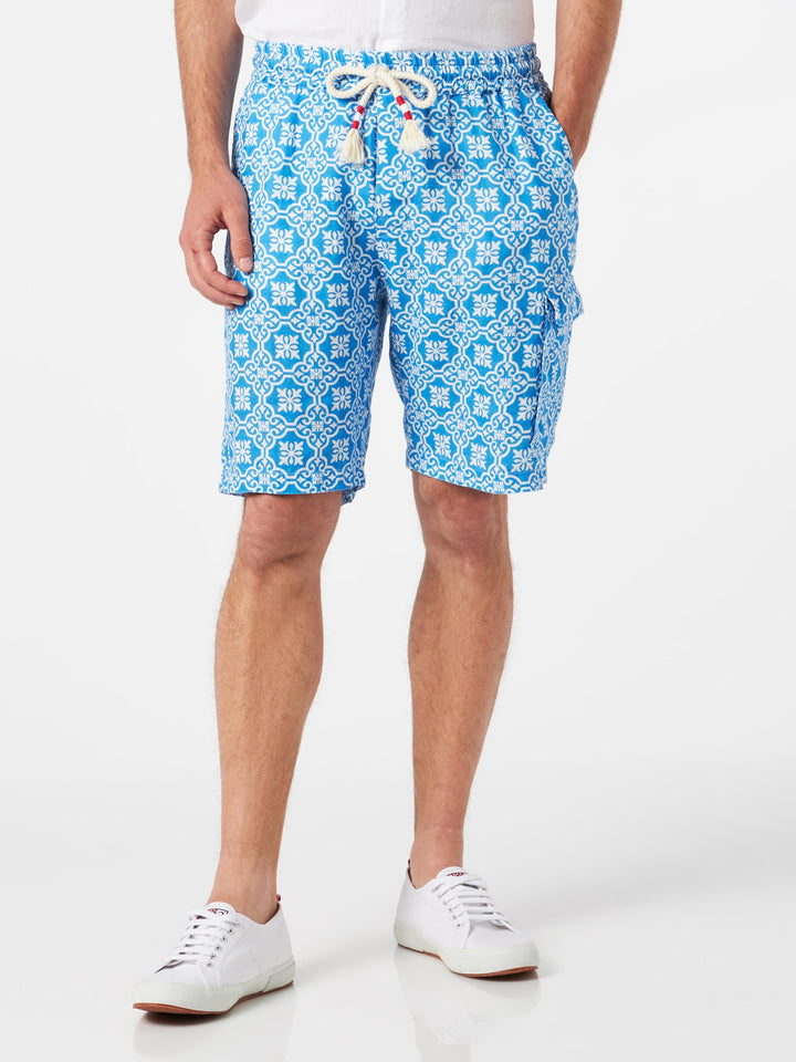 Man linen bermuda shorts with white and light blue majolica print - MC2 Saint Barth
