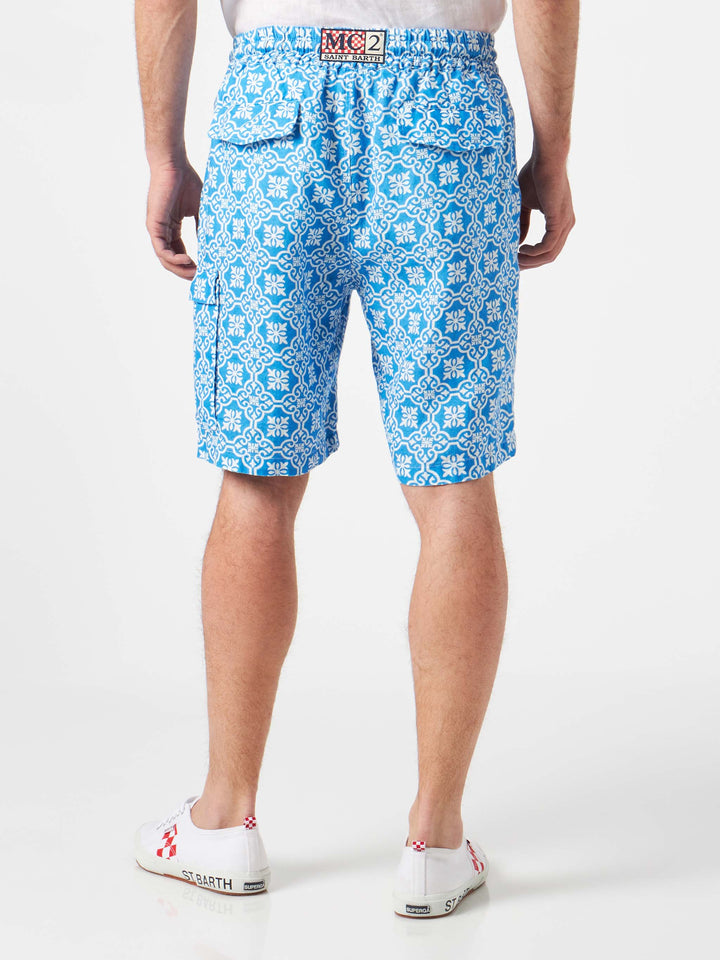 Man linen bermuda shorts with white and light blue majolica print - MC2 Saint Barth