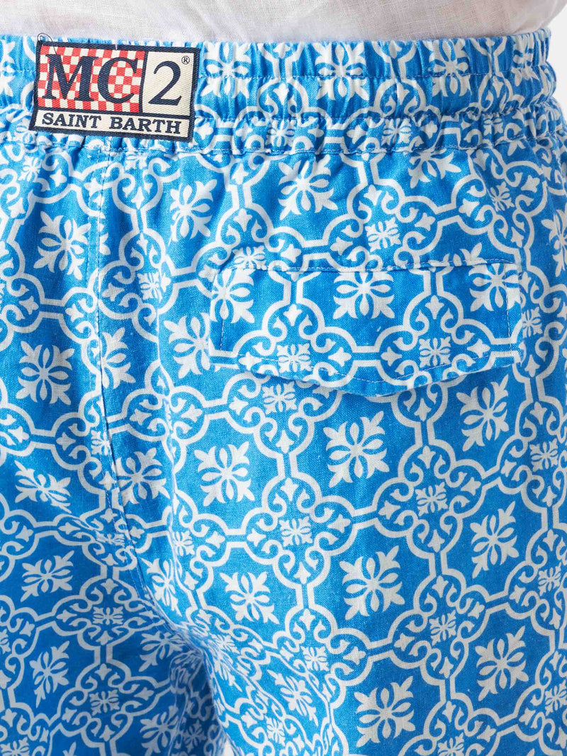 Man linen bermuda shorts with white and light blue majolica print