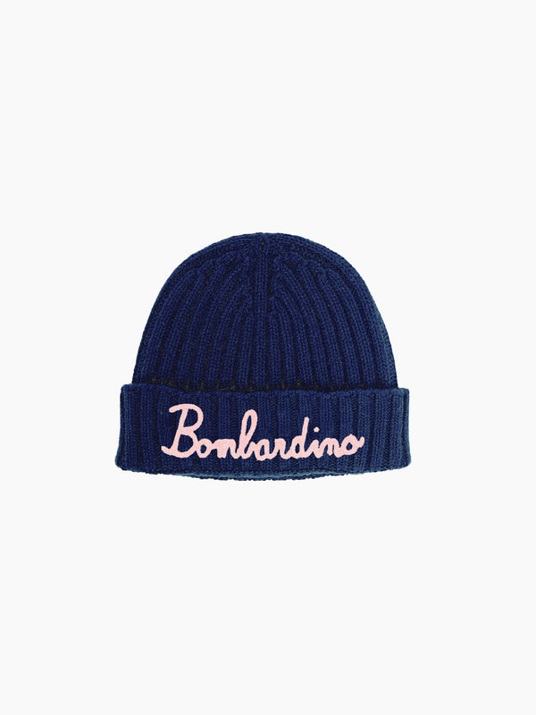 Blue navy blended Cashmere woman cap Bombardino pink embroidery