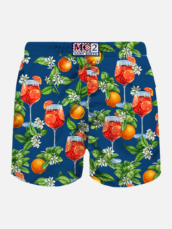 Man light fabric swim shorts with cocktail print