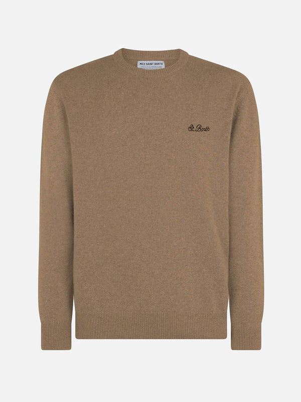 Man crewneck camel sweater with St. Barth embroidery