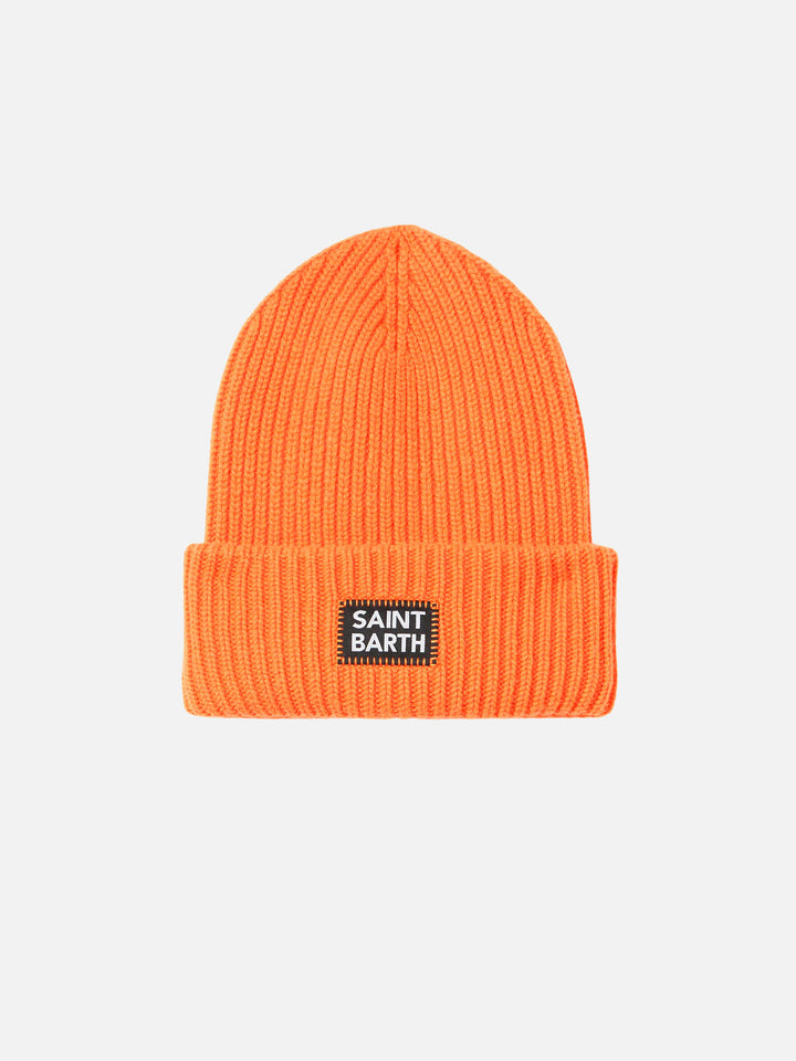 Fluo orange ribbed beanie Berry with Saint Barth patch