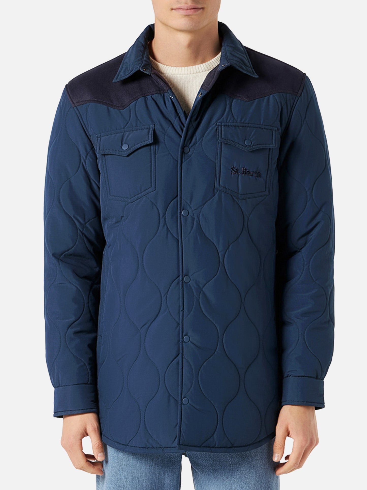 Man navy blue padded overshirt with patch pockets