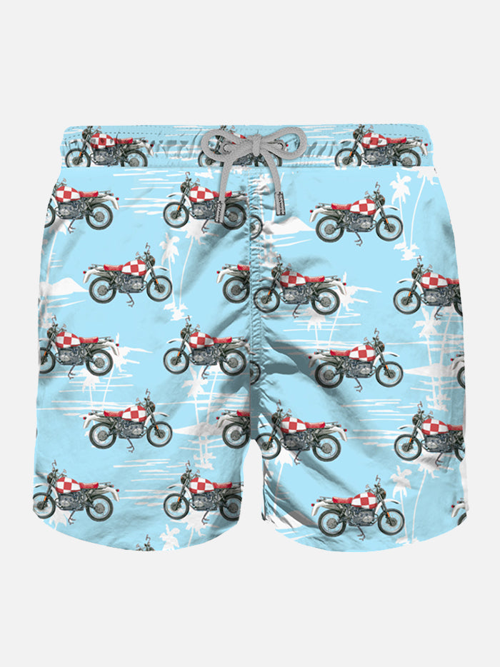 Herren-Badeshorts aus leichtem Stoff mit Motorrad-Aufdruck