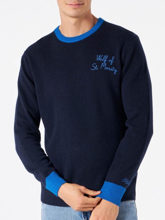 Mc2 Saint Barth Maglia da uomo blu navy con ricamo Lupo di St. Moritz