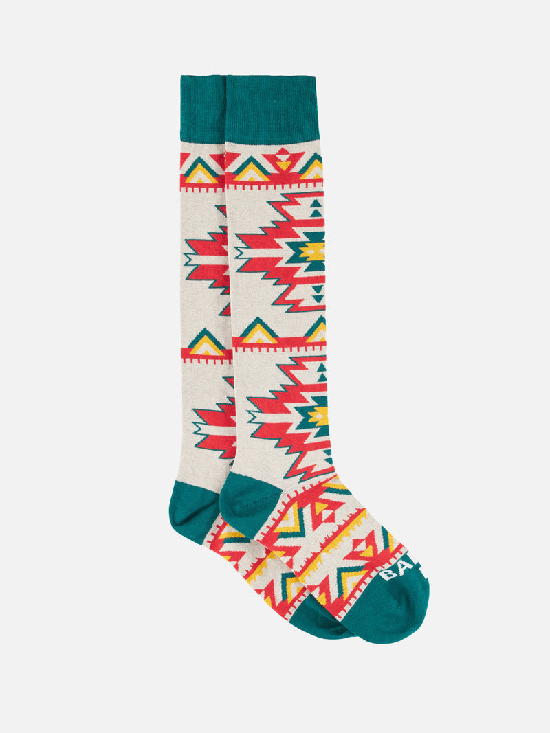 Man long socks with red and yellow ethnic pattern