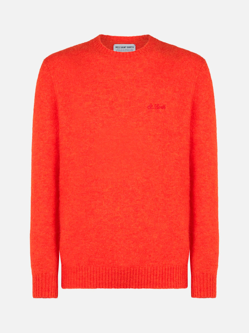 Man orange stretch wool sweater with St. Barth embroidery