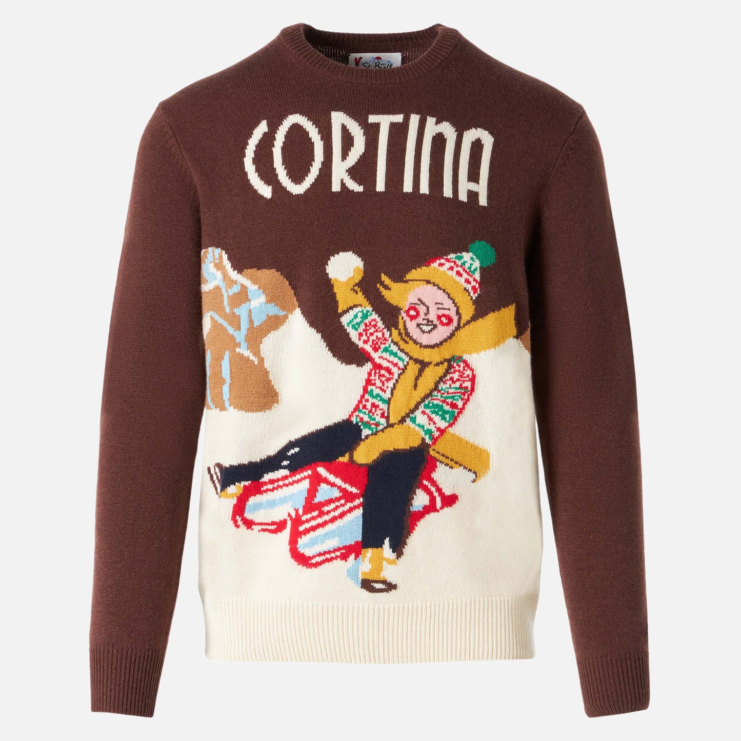 Crewneck sweater with Cortina postcard jacquard