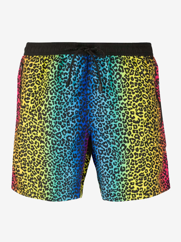 Animalier rainbow print light fabric zipped swim shorts