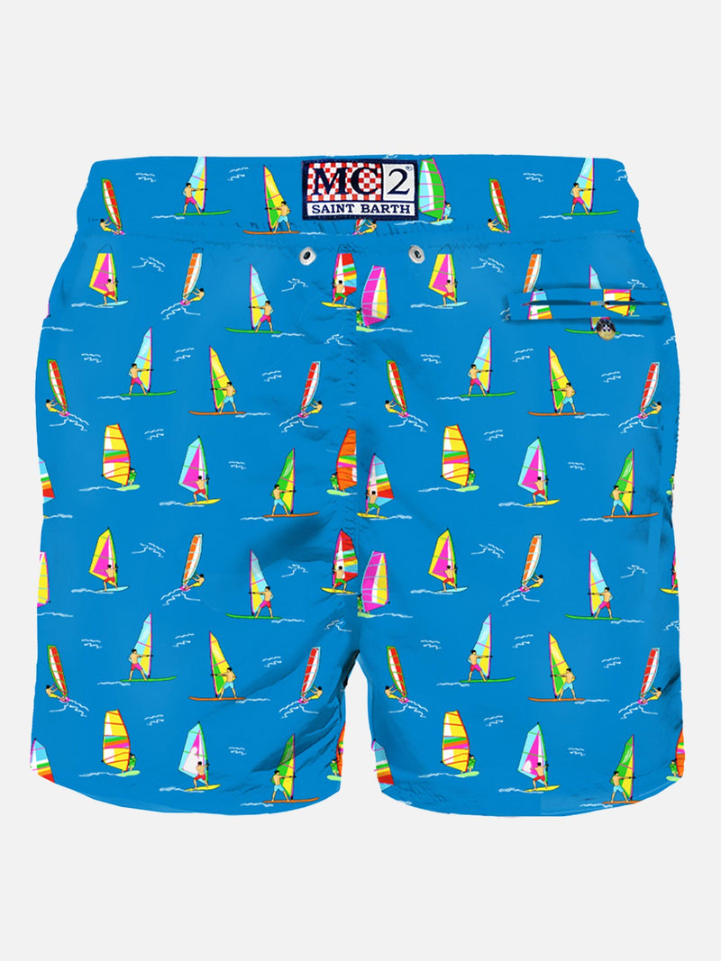 Man light fabric swim shorts with windsurf print