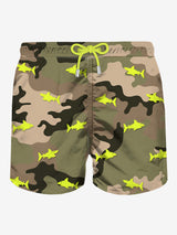 Man light fabric swim shorts with sharks embroidery