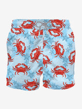 Light blue mid-length swim shorts with crab print