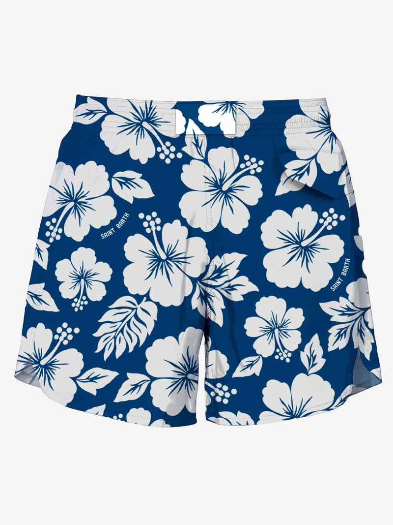 Blue Swim Short mid-lenght with white flower print