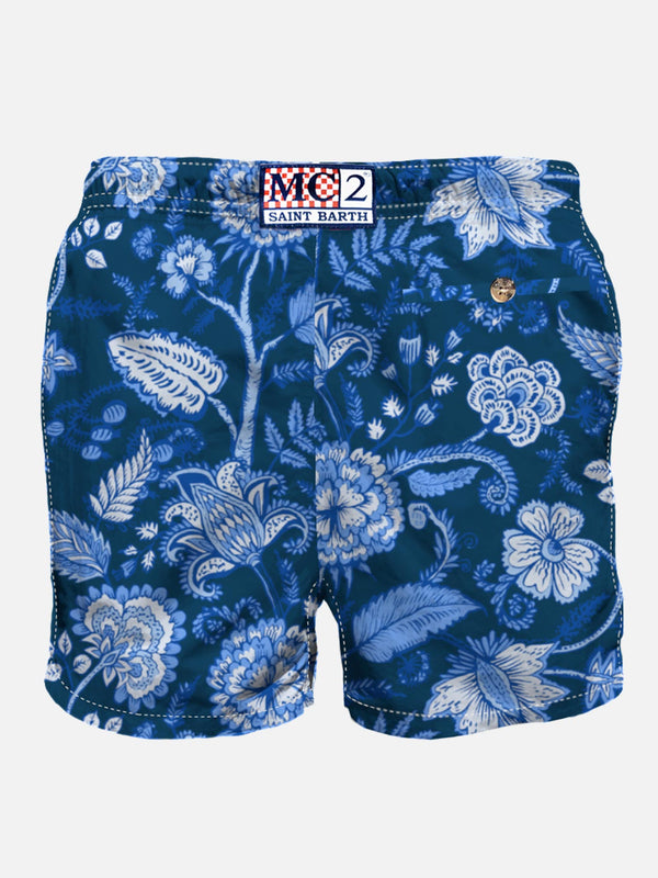 Man swim shorts with blue flower print