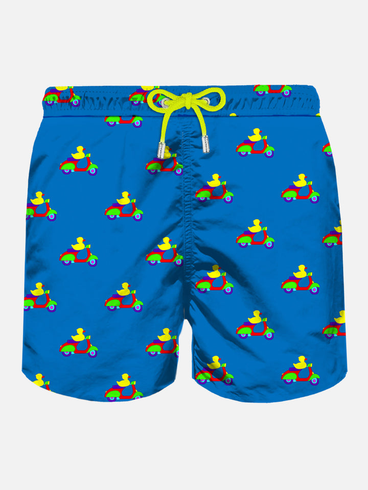 Blue swim shorts with ducks on scooters print | Special Edition