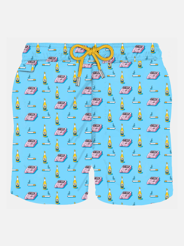Man light fabric swim shorts with newspaper, beer and cigarette print - MC2 Saint Barth