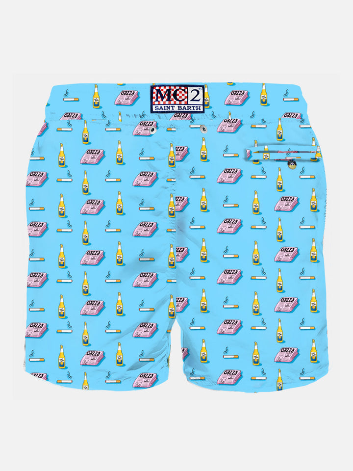 Man light fabric swim shorts with newspaper, beer and cigarette print - MC2 Saint Barth