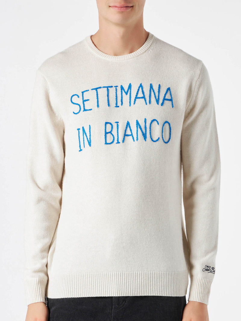 Maglione bianco da uomo con ricamo Settimana in bianco