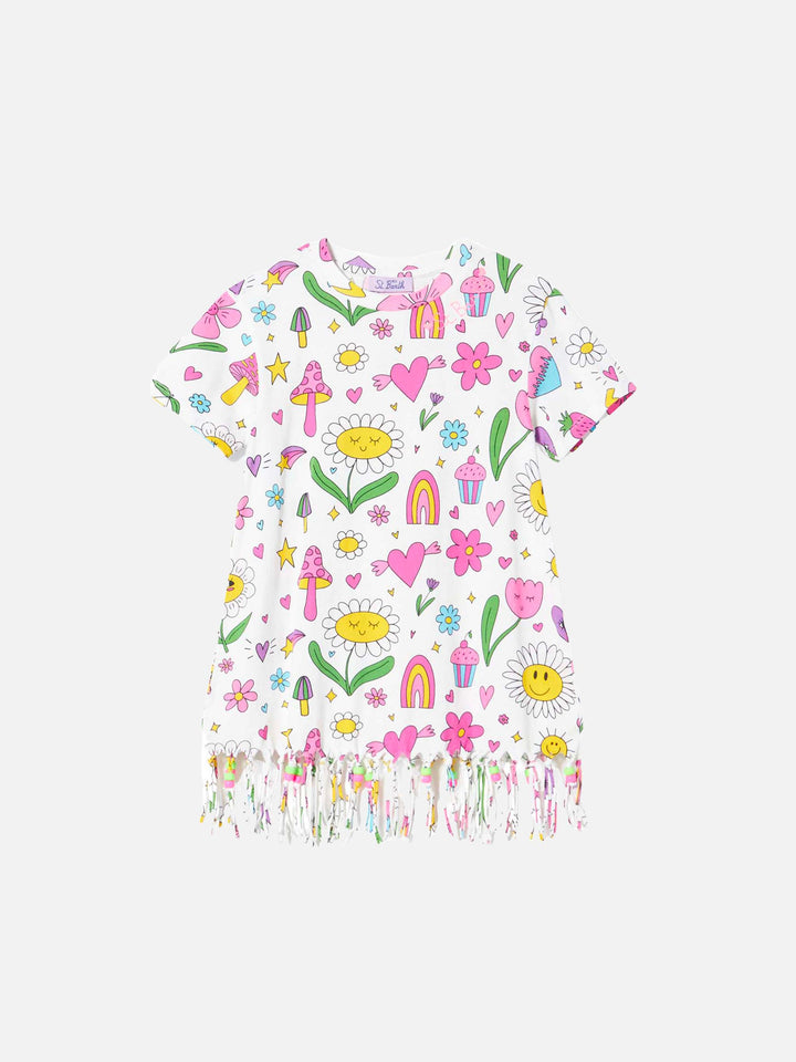 Girl white cotton dress with print and charms - MC2 Saint Barth
