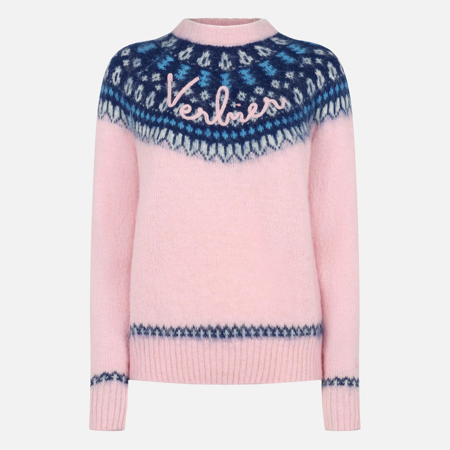 Woman pink crewneck nordic jacquard sweater