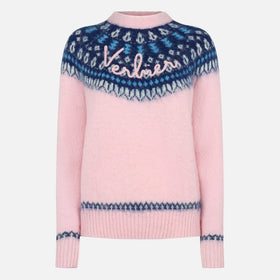 Woman pink crewneck nordic jacquard sweater