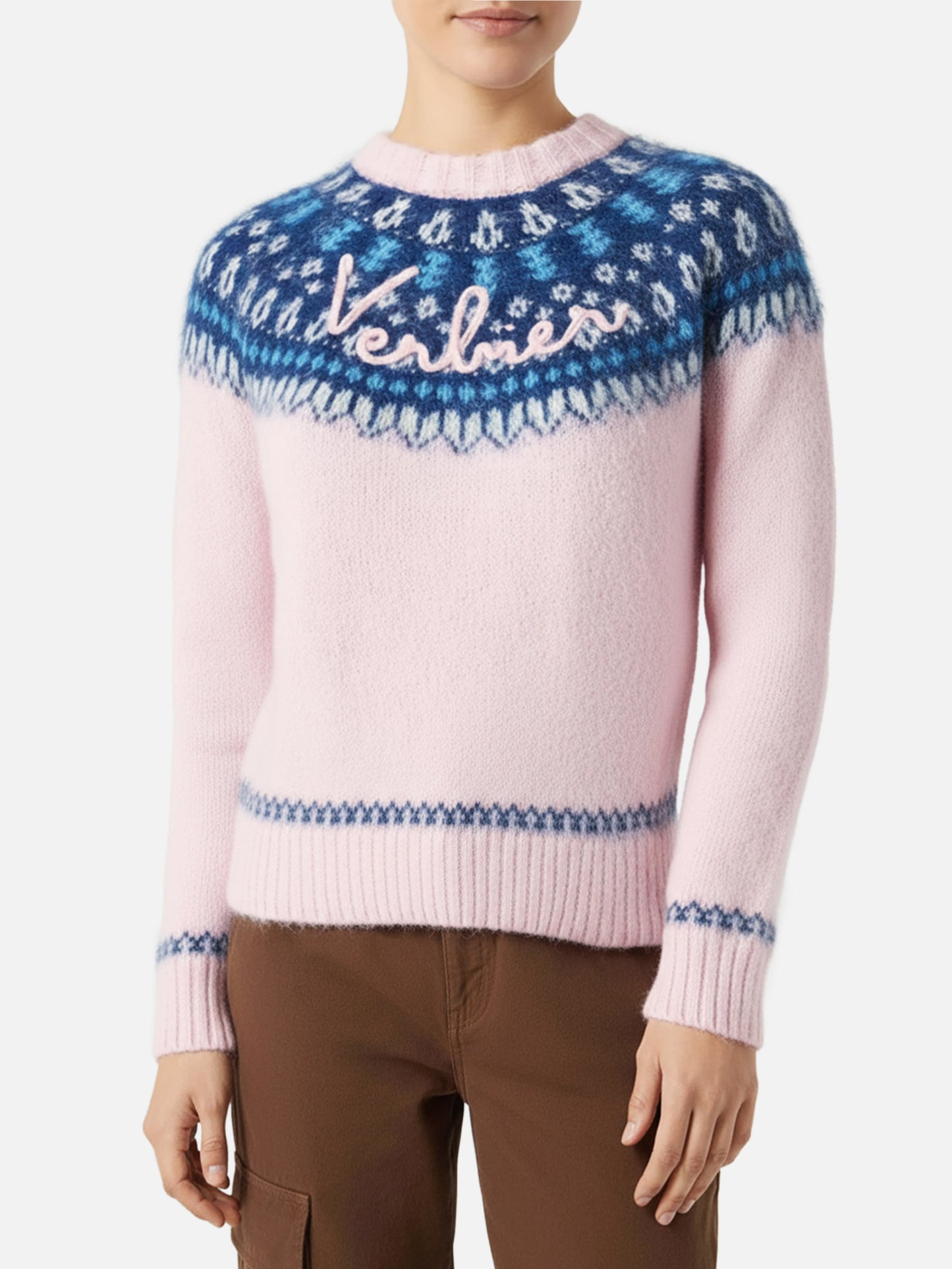 Woman pink crewneck nordic jacquard sweater