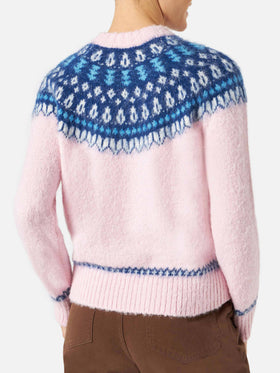 Woman pink crewneck nordic jacquard sweater