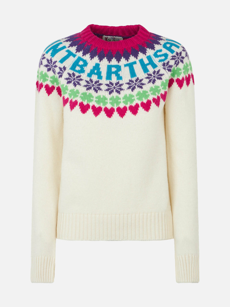 Maglia da donna girocollo bianca con stampa cuori fair isle