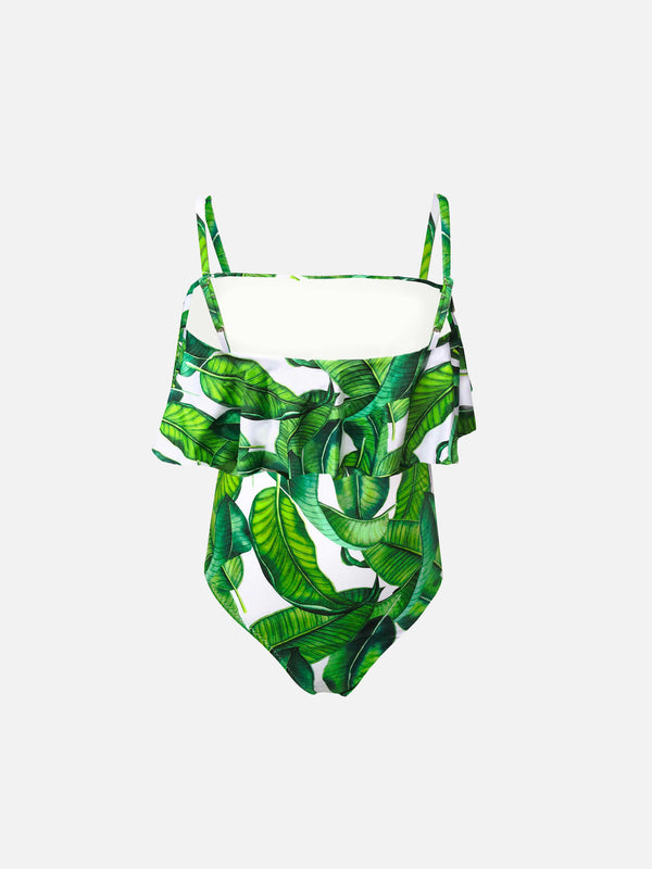 Girl one piece swimsuit with banana leaves print