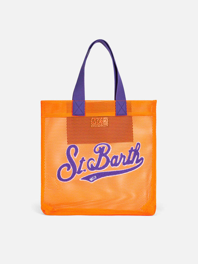 Mc2 Saint Barth Borsa shopper in rete arancione con ricamo frontale in spugna