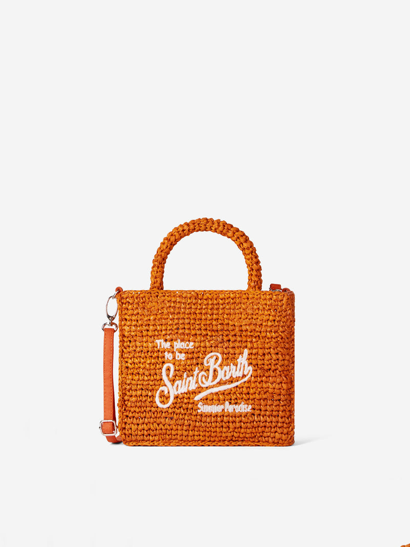 Orangefarbene Mini-Vanity-Basttasche mit Stickerei vorne