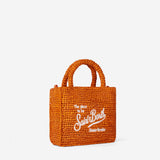 Orangefarbene Mini-Vanity-Basttasche mit Stickerei vorne