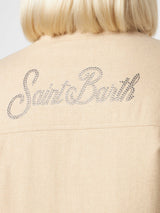 Woman wooly jacket with Saint Barth rhinestones print