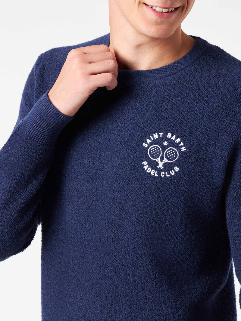 Bluette-Bouclé-Pullover für Herren mit Rundhalsausschnitt und Saint Barth Padel Club-Stickerei