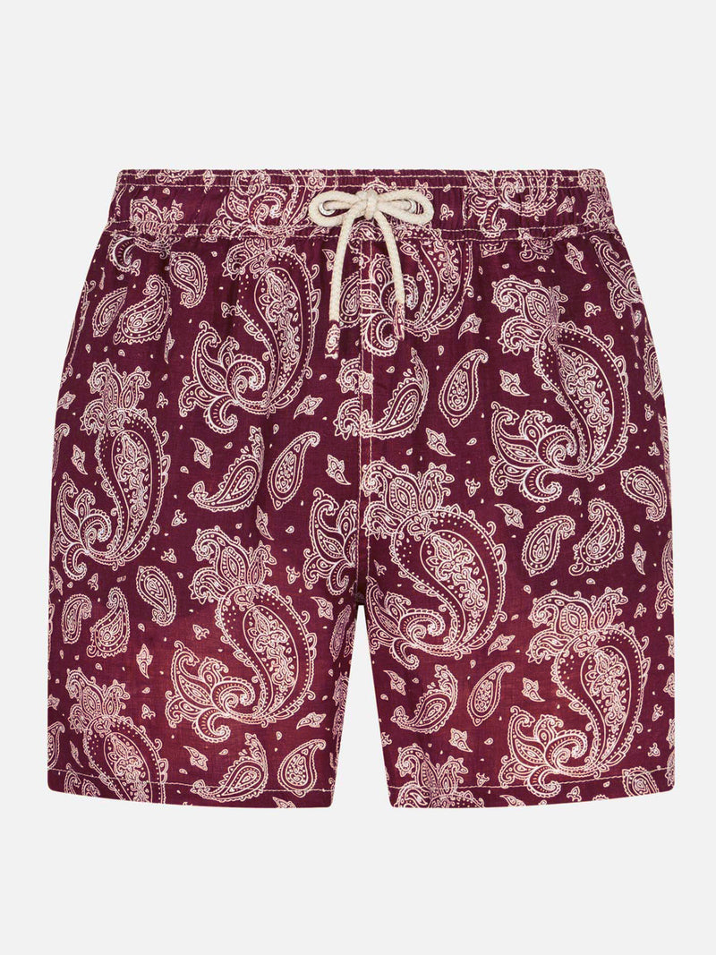 Costume da bagno da uomo in tessuto leggero con stampa paisley bordeaux