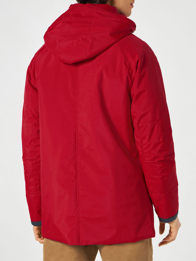 Man hooded red Voyager parka jacket
