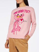 Woman crewneck pink sweater with Pink Panther Ancora Tu? Print | THE PINK PANTHER SPECIAL EDITION