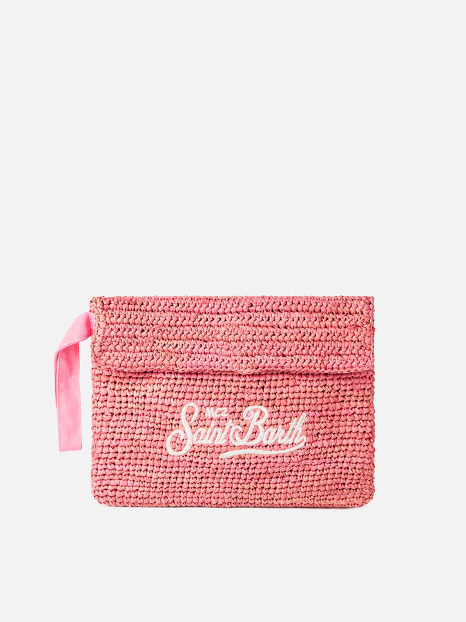 Mc2 Saint Barth Pouch in rafia rosa con ricamo frontale