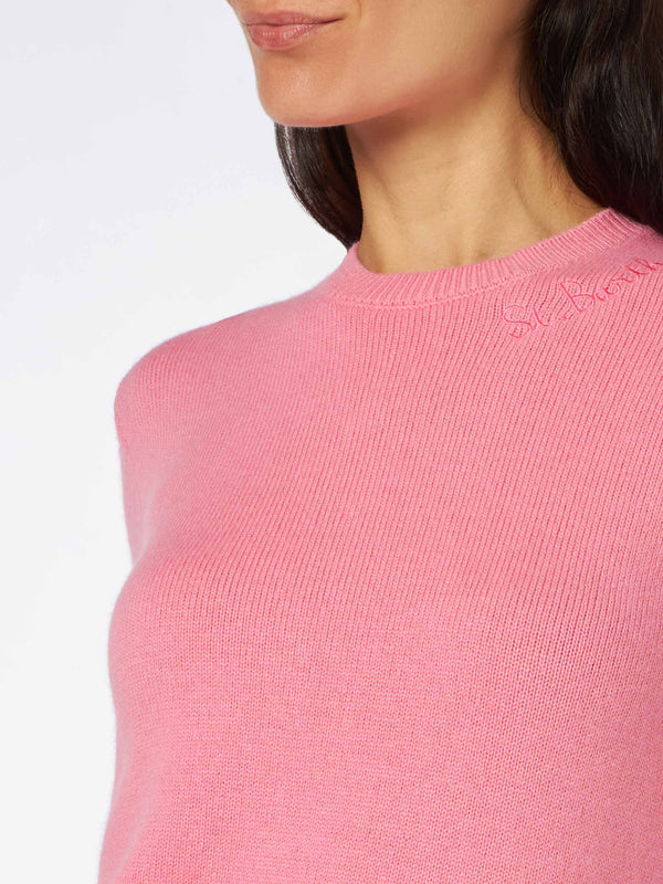 Maglia donna girocollo rosa con ricamo St. Barth