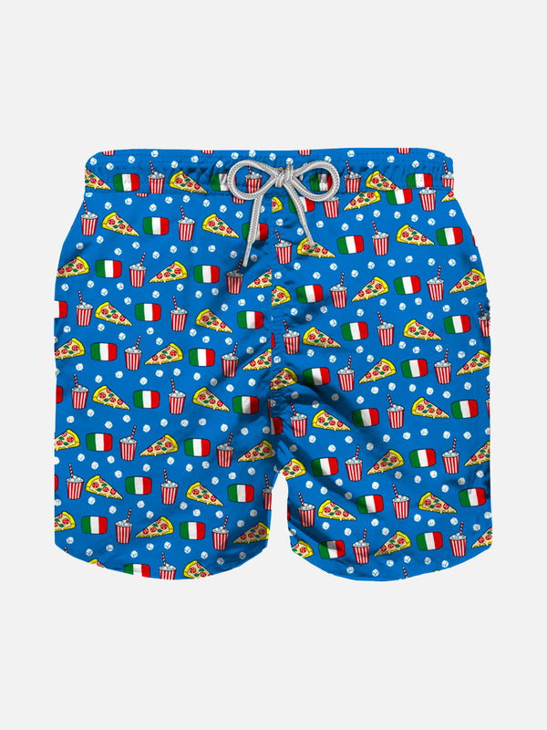 Boy light fabric swim shorts with pizza print