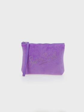 Pochette Aline in velluto lilla con logo Saint Barth in strass
